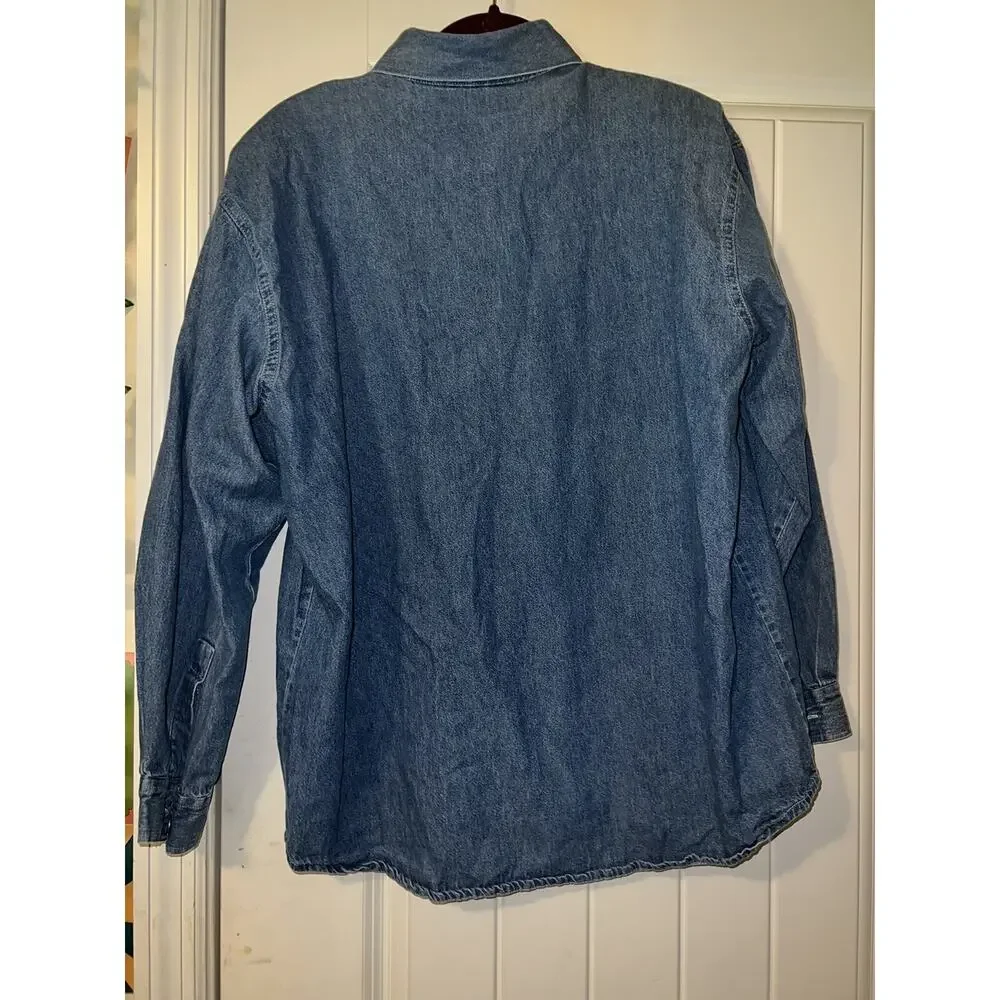 Capacity denim button down long sleeve blouse winter theme snow embroidered MED